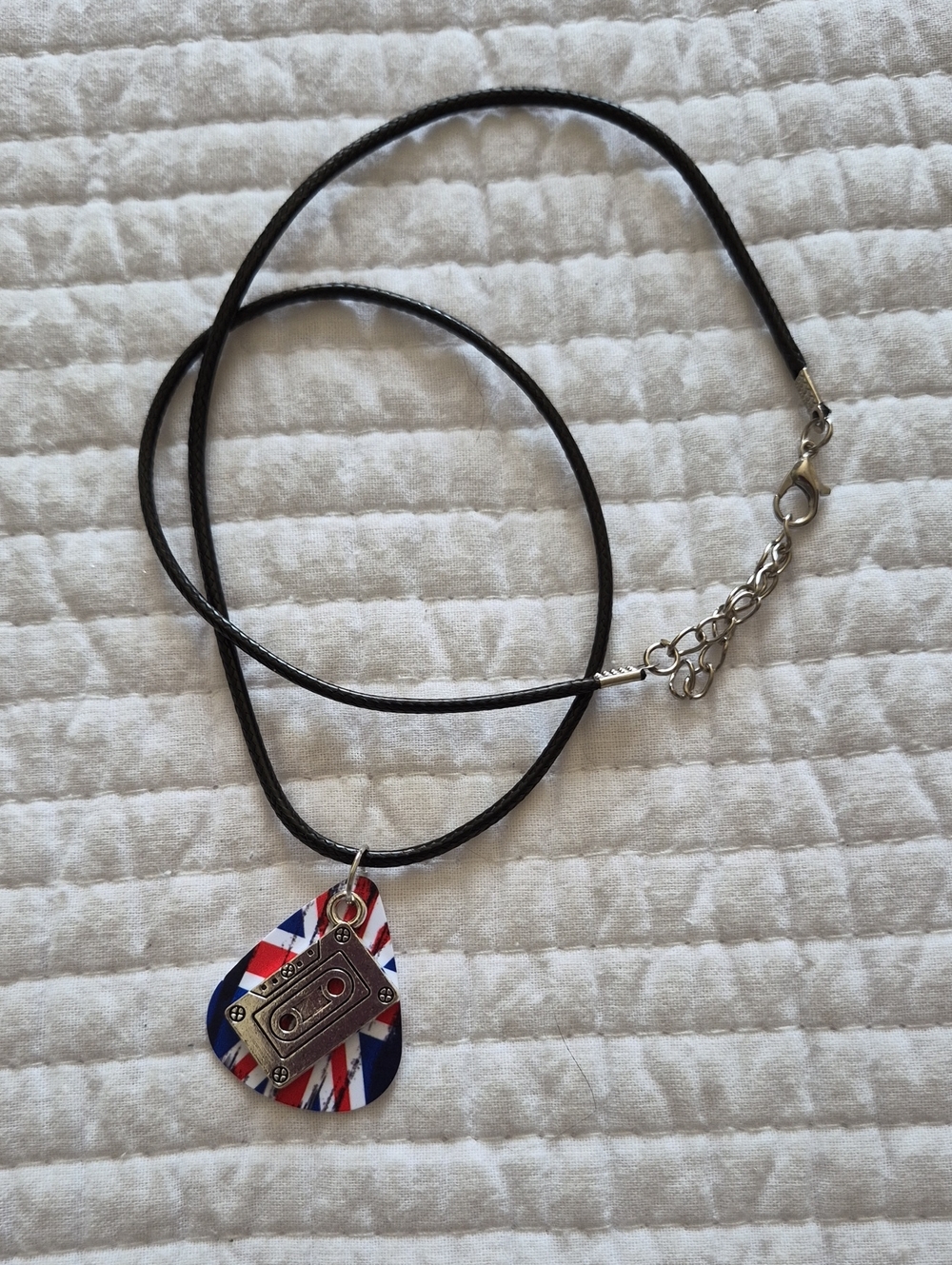 Black Cord Necklace with Union Jack Guitar Pick and Silver Cassette Charm